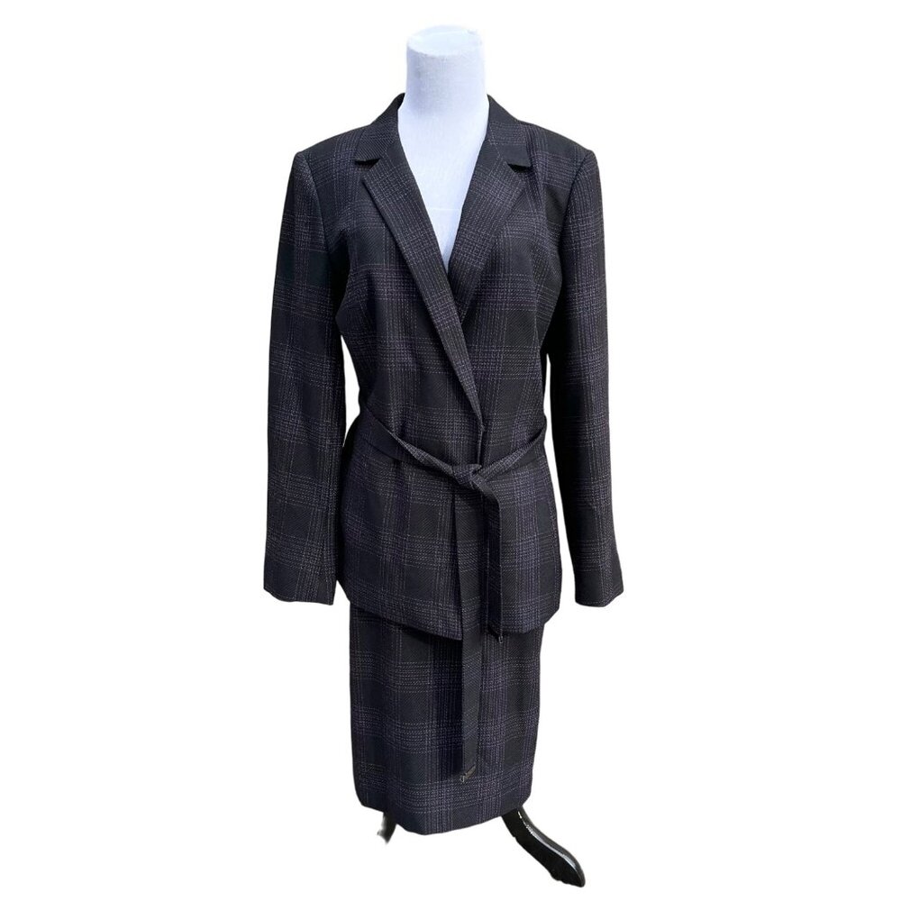 John‎ Meyer Womens Plaid Belted Skirt 2 Pc Suit Black Purple size 10